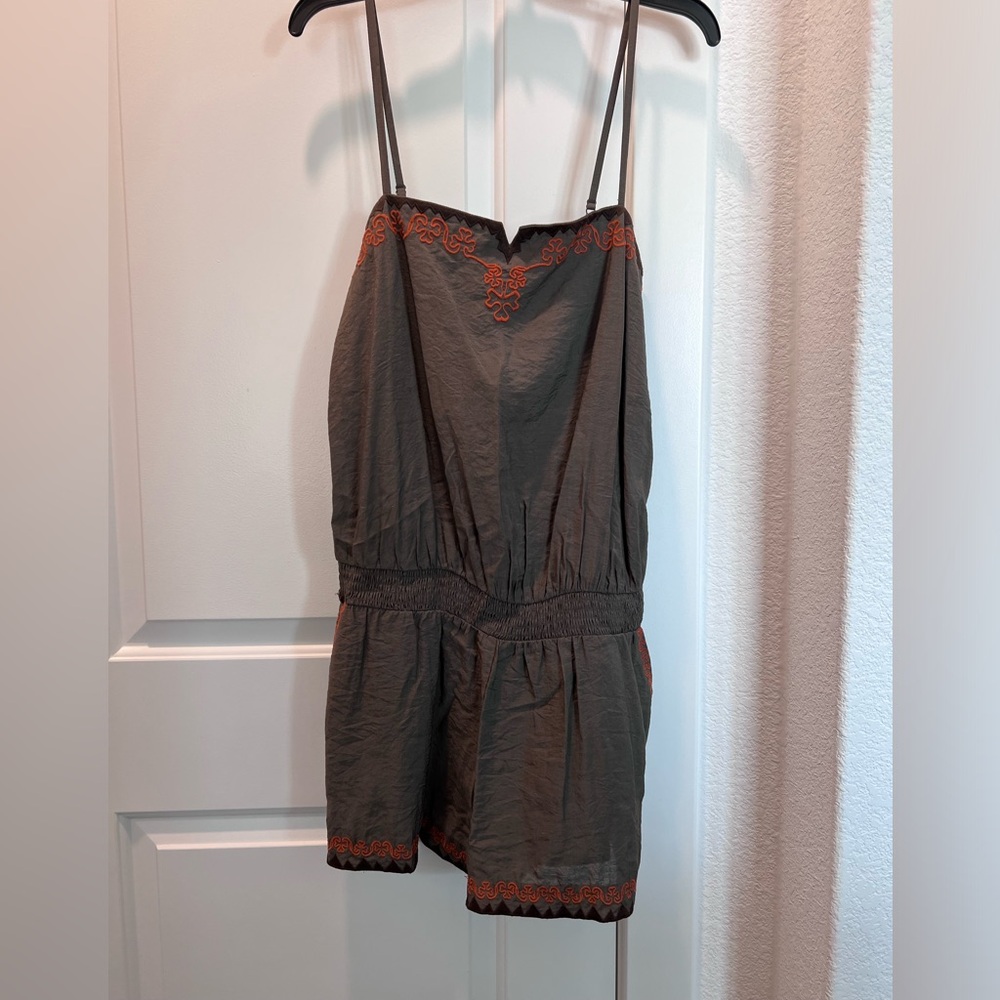 Olive Green Romper with Orange Embroidered Print (Size L)